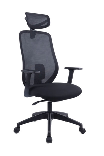 Black office chair with headrest on a white background