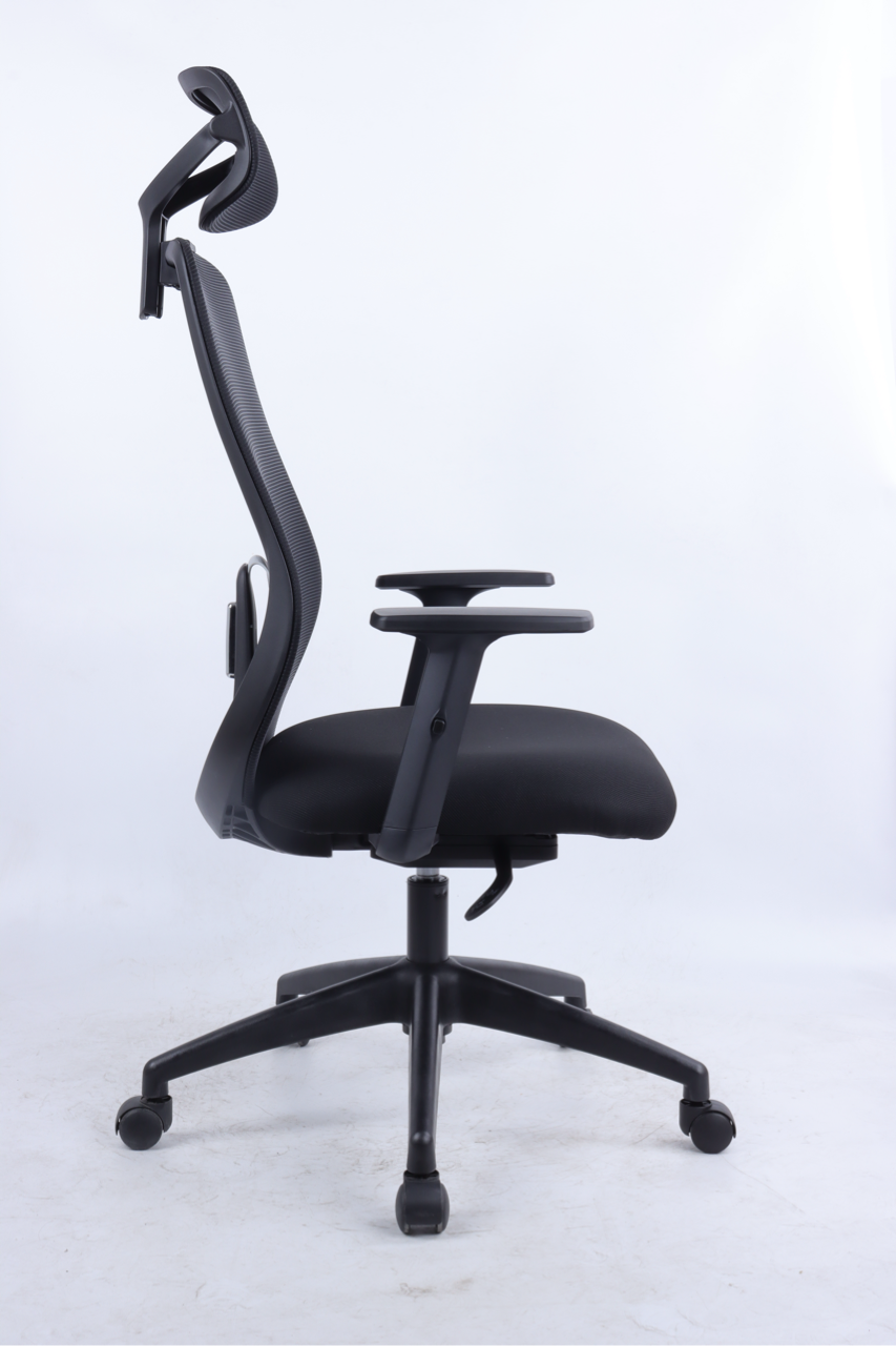 black mesh chair with headrest and lumber support 