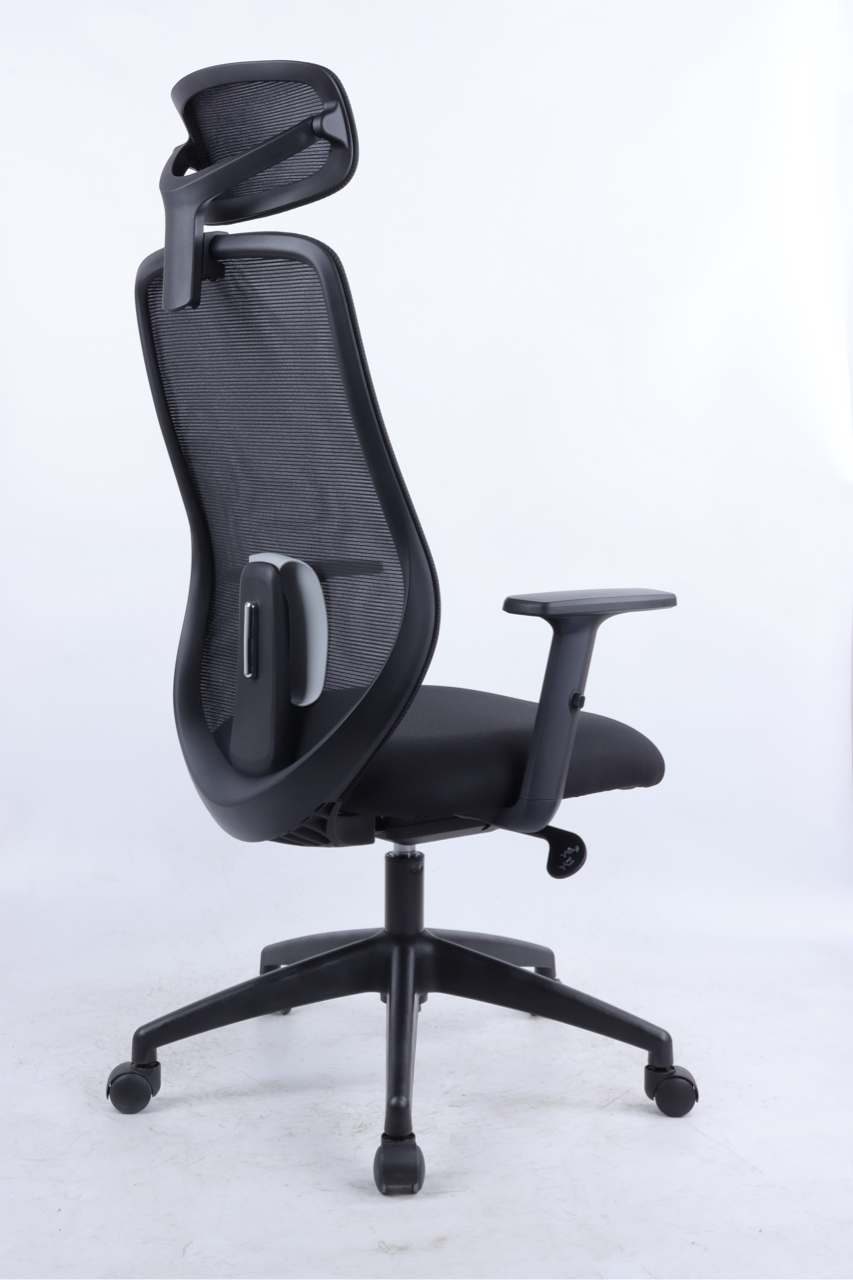 Black office chair with mesh back and armrests on a white background