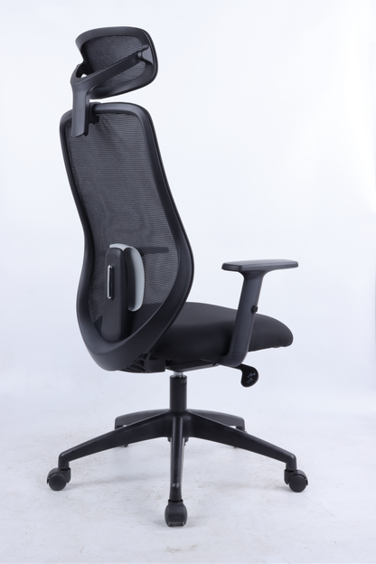 Black office chair with mesh back and armrests on a white background