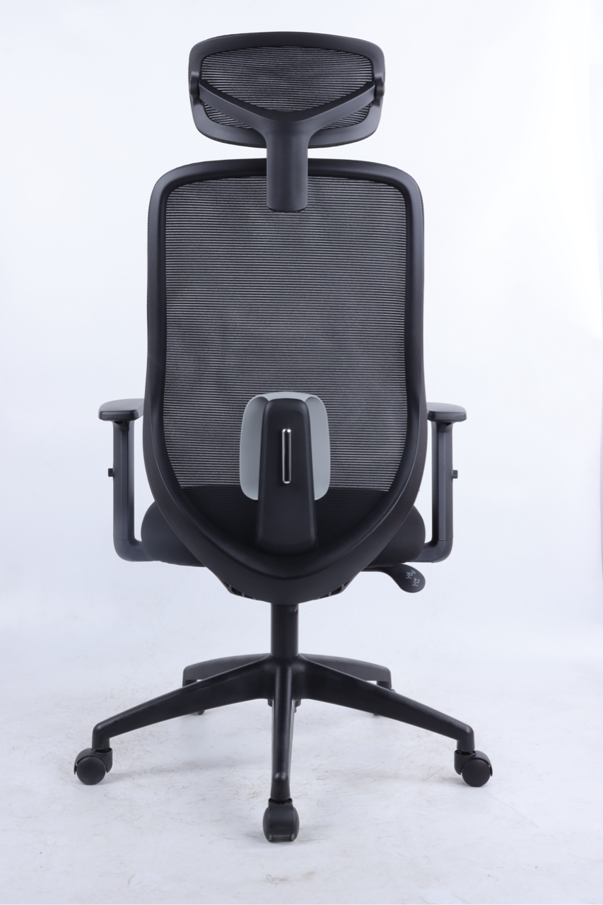 Black office chair with mesh backrest on a white background