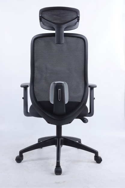 Black office chair with mesh backrest on a white background