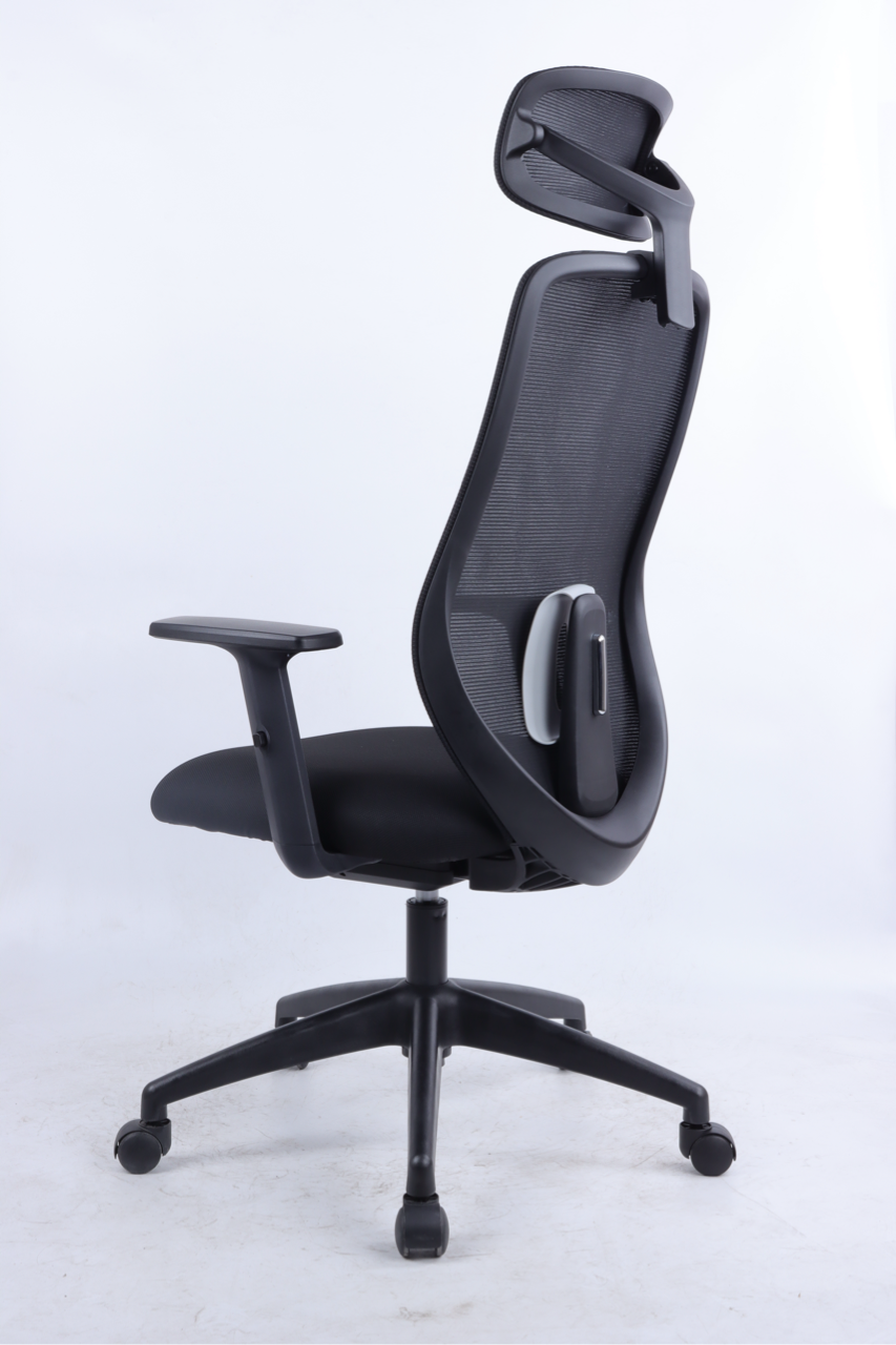 Black office chair with ergonomic design on a white background
