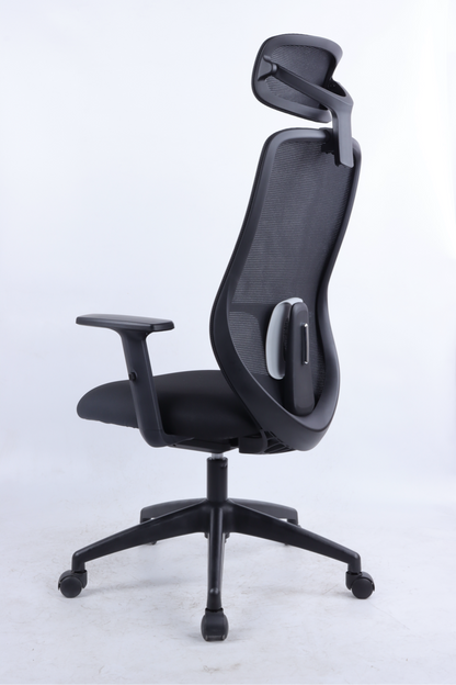 Black office chair with ergonomic design on a white background