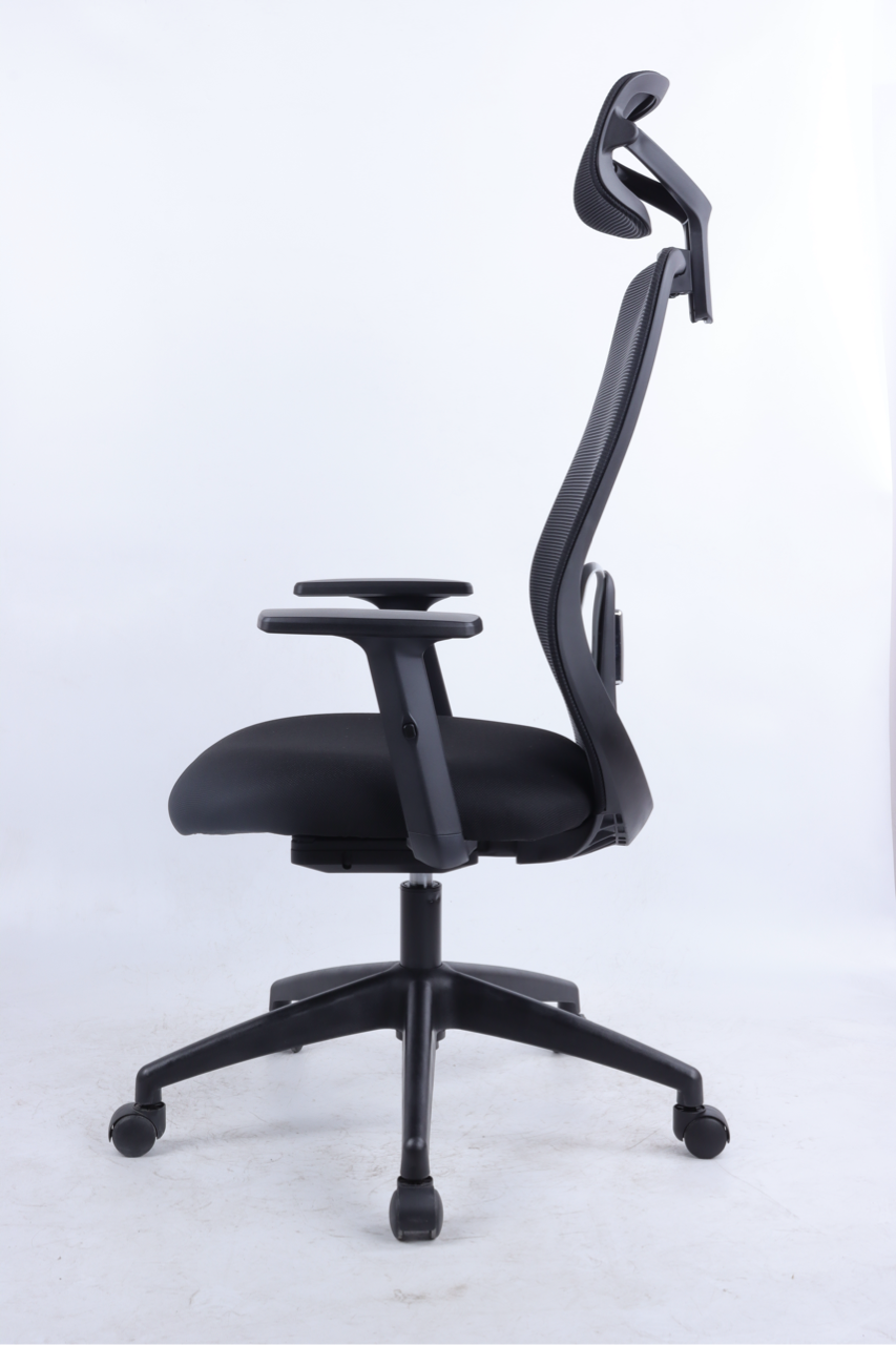 Black office chair with adjustable headrest on a white background