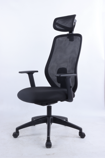 Black office chair with mesh back on a white background