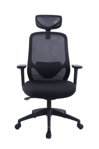 Black office chair with mesh back on a white background