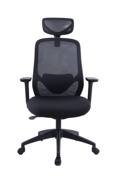 Black office chair with mesh back on a white background