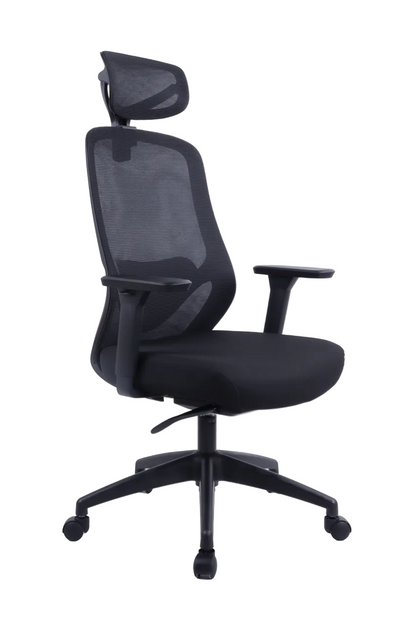Black office chair with mesh back and headrest on a white background