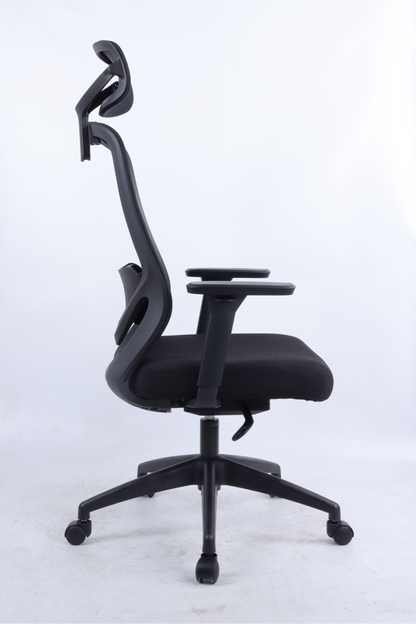 Black office chair with adjustable armrests on a white background
