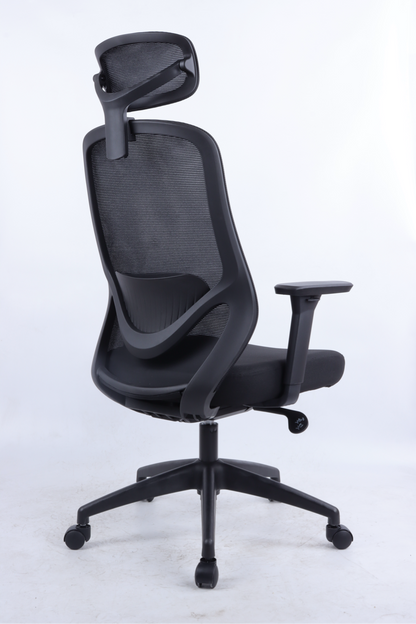 Black office chair with headrest and lumber support on a white background