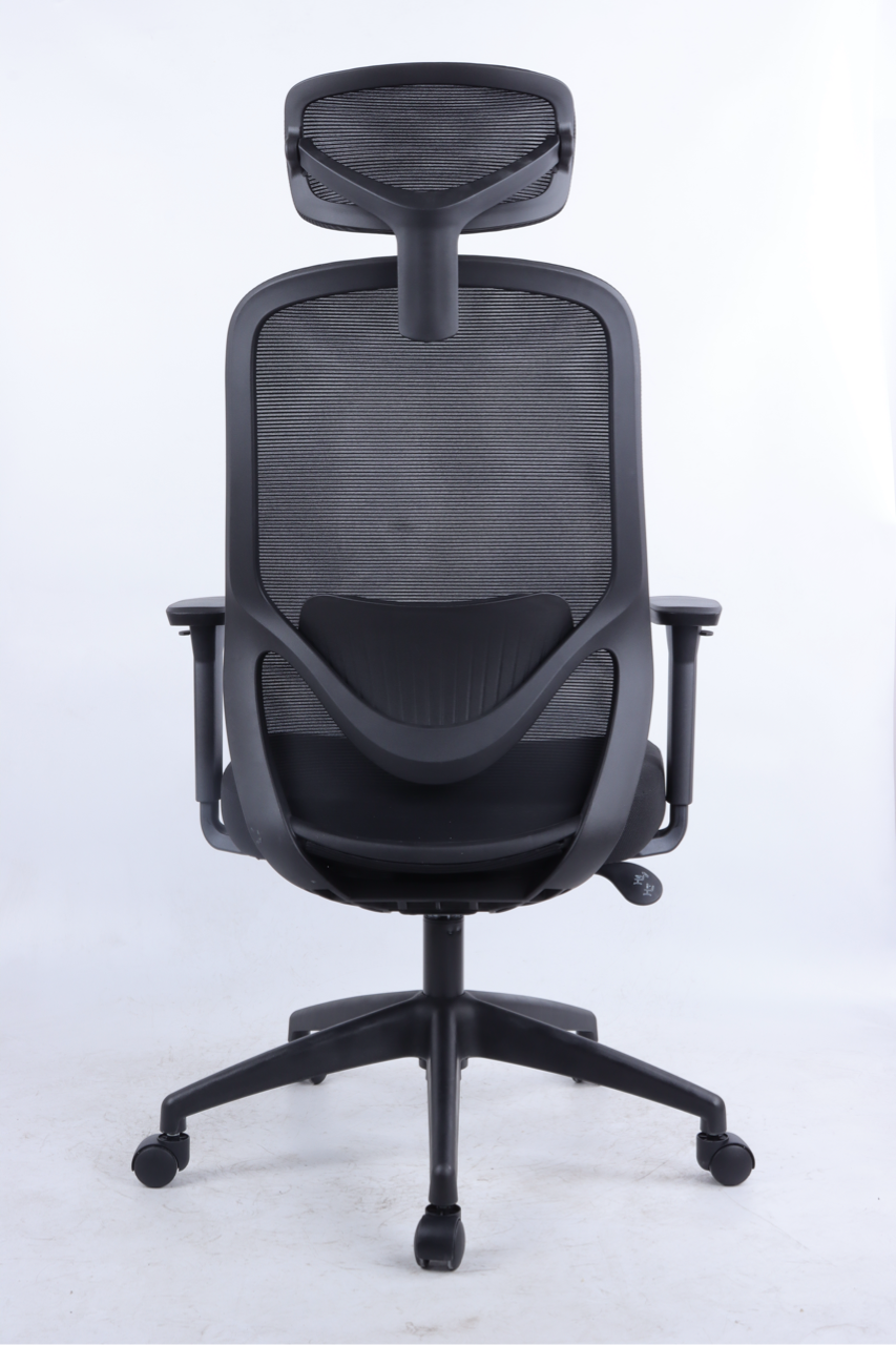 Black office chair with mesh back and headrest on a white background