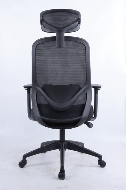 Black office chair with mesh back and headrest on a white background
