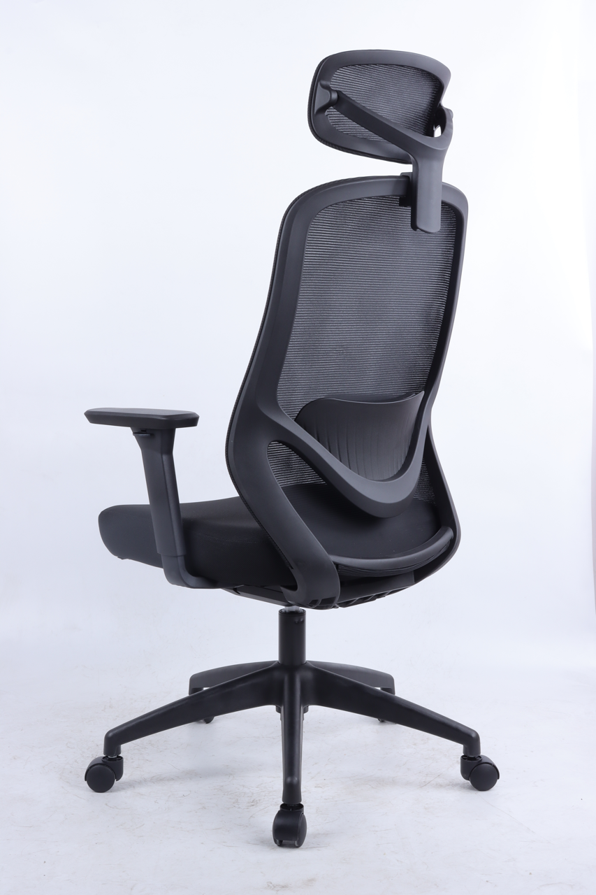 Black office chair with mesh backrest on a white background