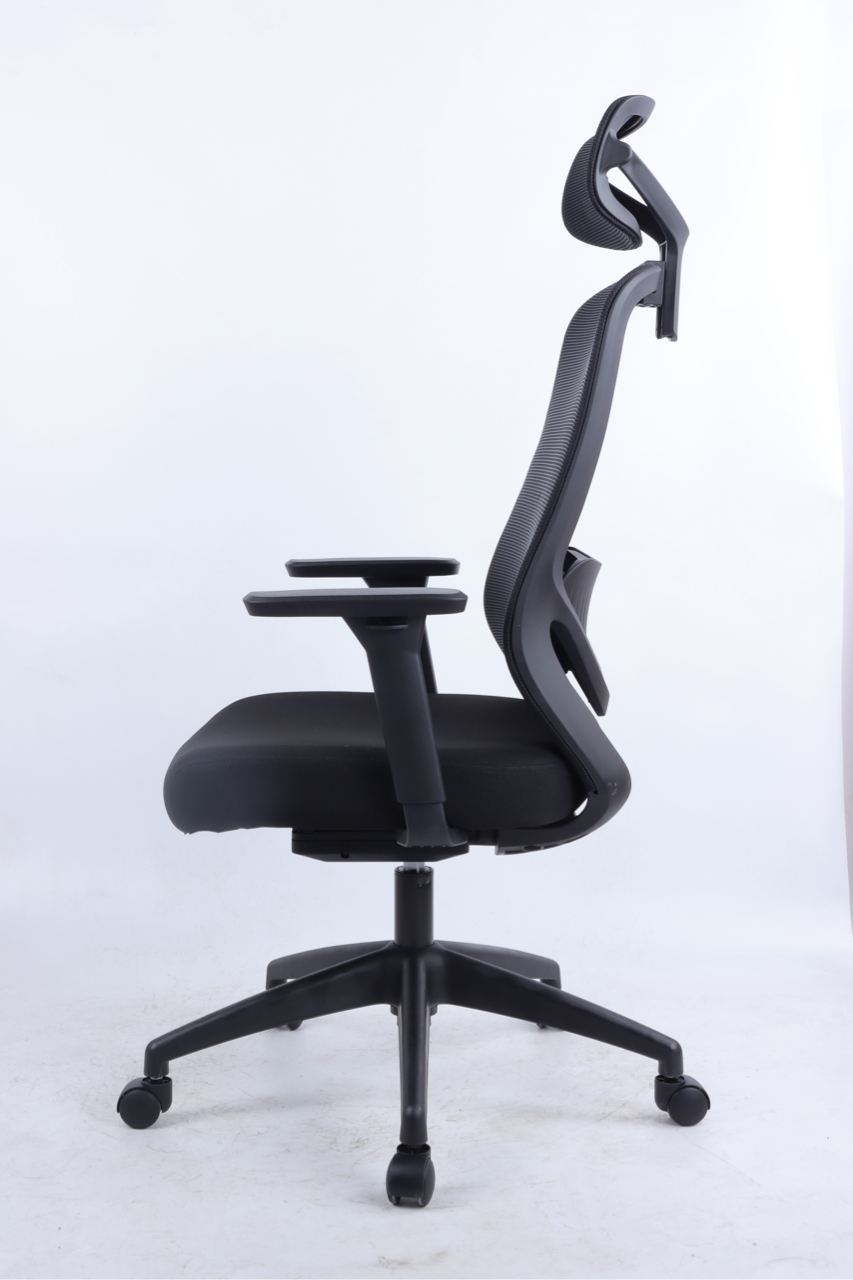 Black office chair with ergonomic design on a white background