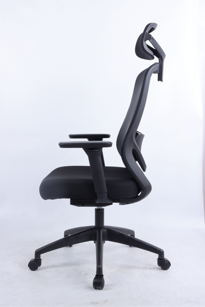 Black office chair with ergonomic design on a white background