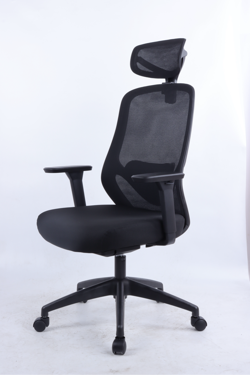 Black office chair with headrest on a white background