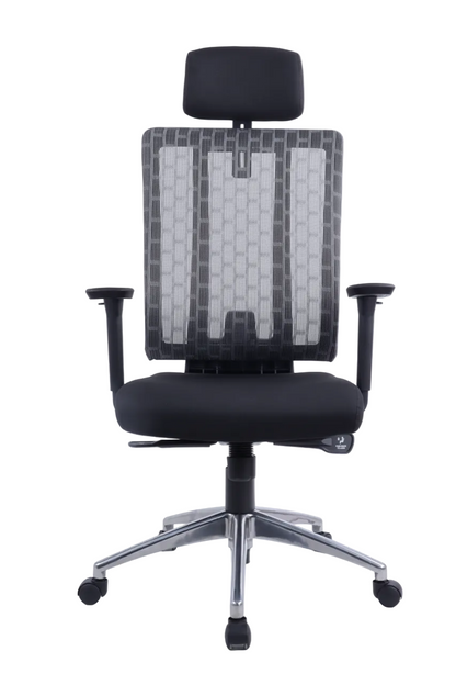 Black office chair with mesh backrest on a white background