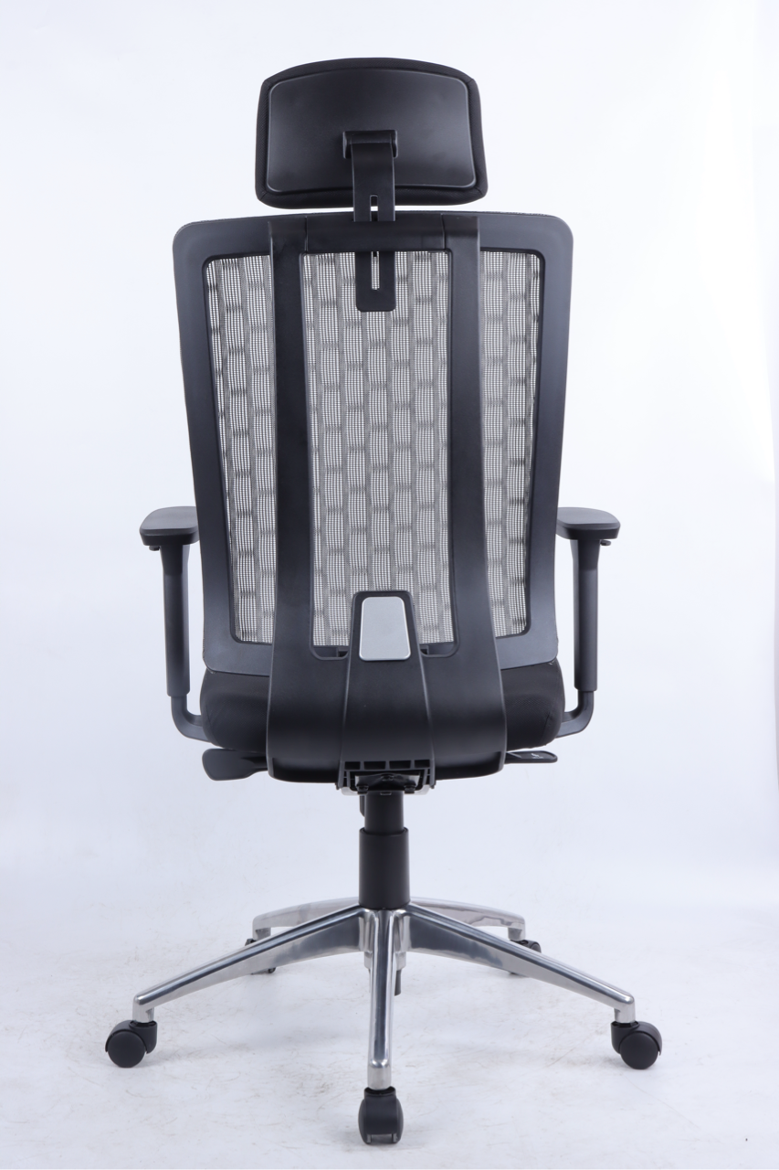 Black office chair with mesh backrest on a white background