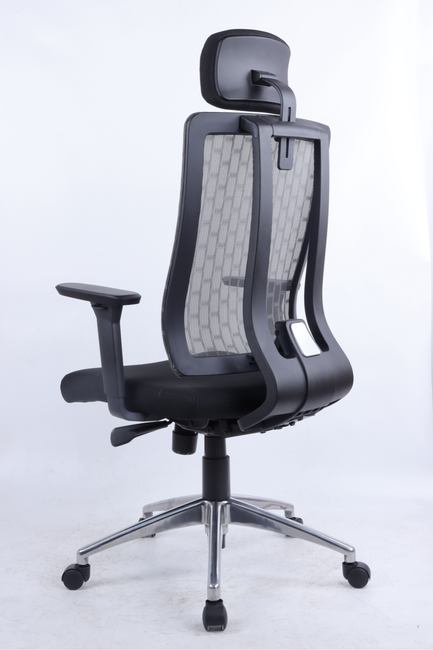 Black office chair with mesh backrest on a white background