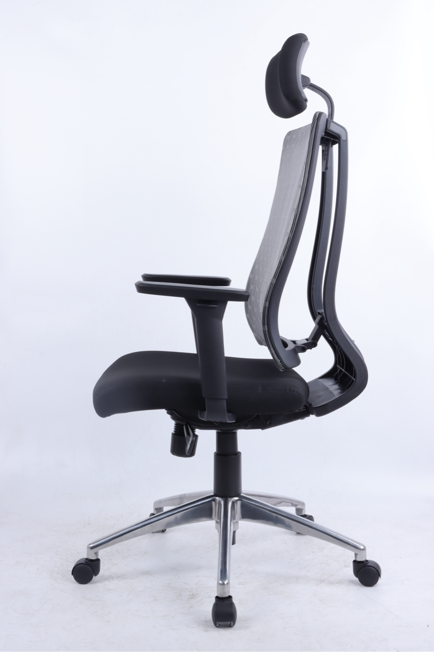 Black office chair with mesh backrest on a white background