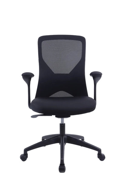 Black office chair with mesh back on a white background