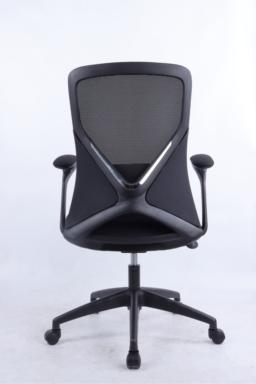 Black office chair with mesh backrest on a white background