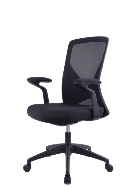 Black office chair with mesh backrest on a white background