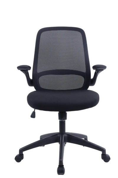 Black office chair with mesh back on a white background