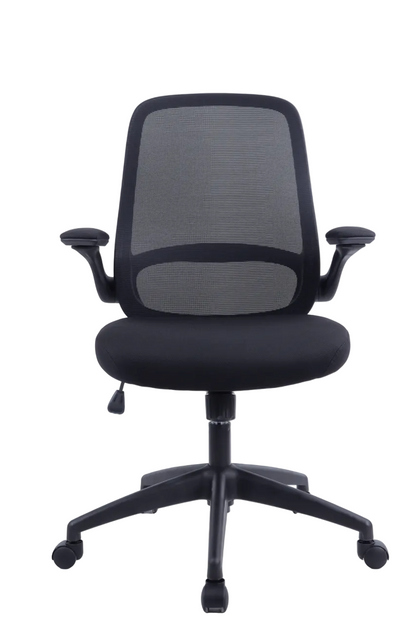 Black office chair with mesh back on a white background