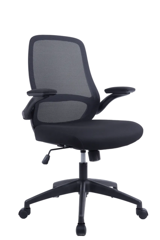 Black office chair with mesh back on a white background