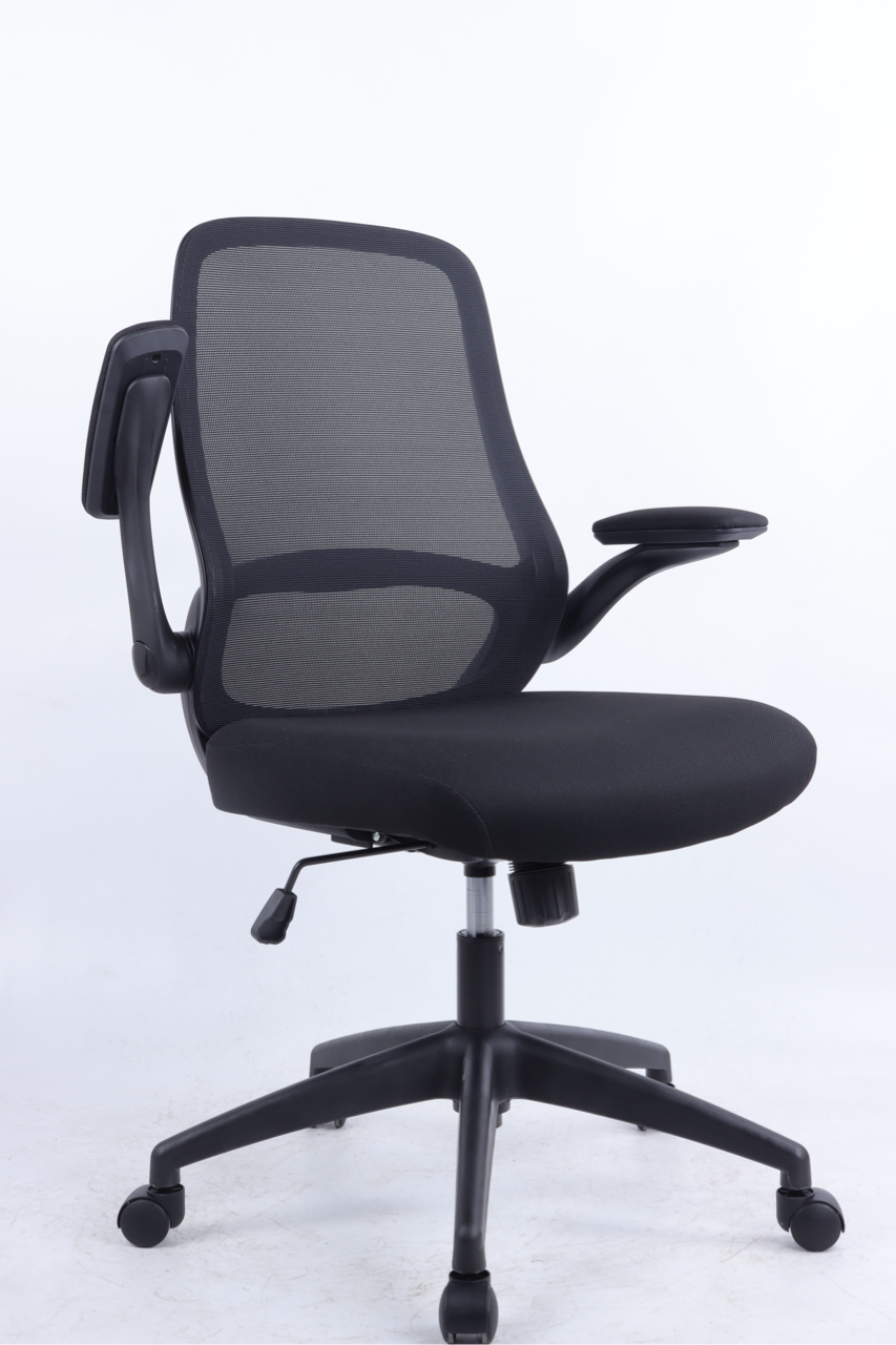 Black office chair with mesh back on a white background