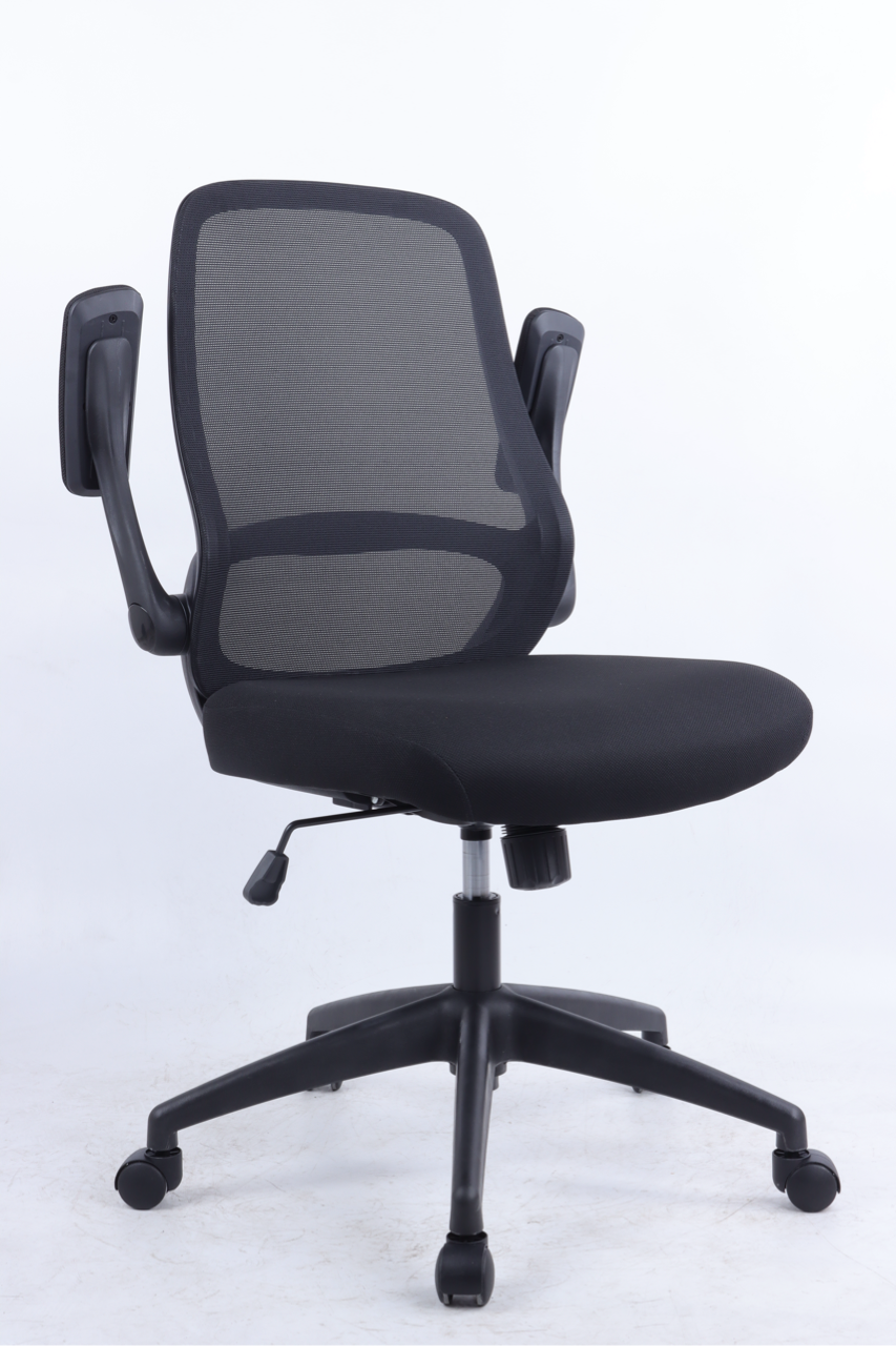 Black office chair with mesh backrest on a white background