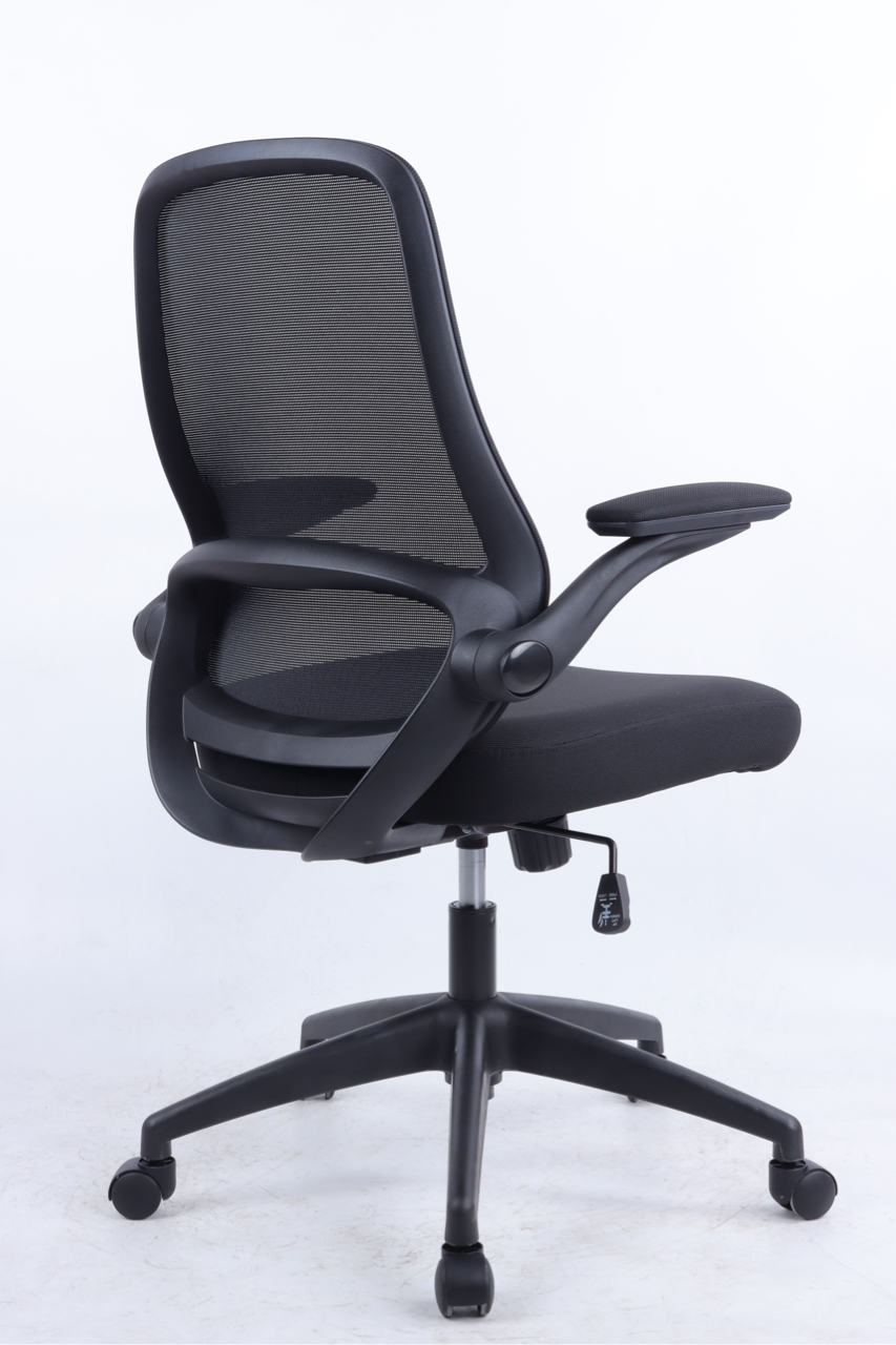 Black office chair with mesh back on a white background
