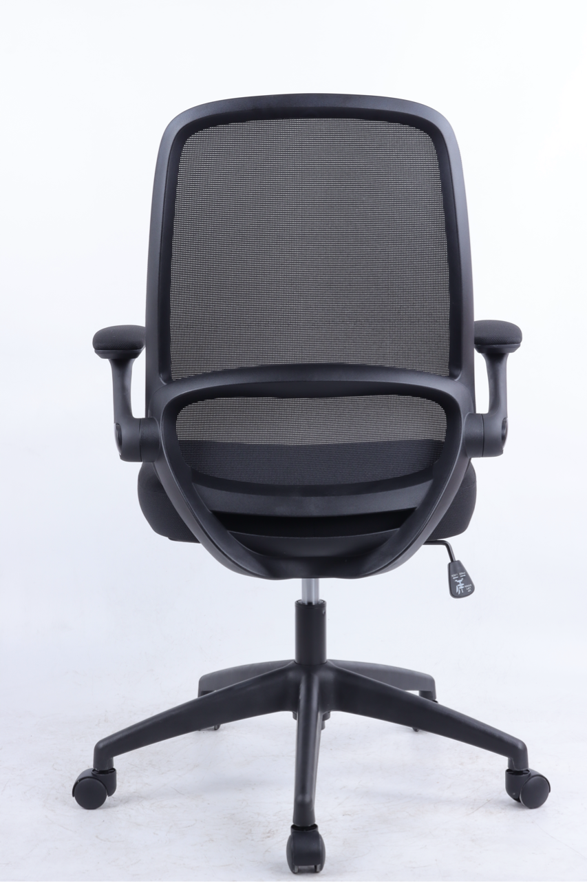 Black office chair with mesh backrest on a white background