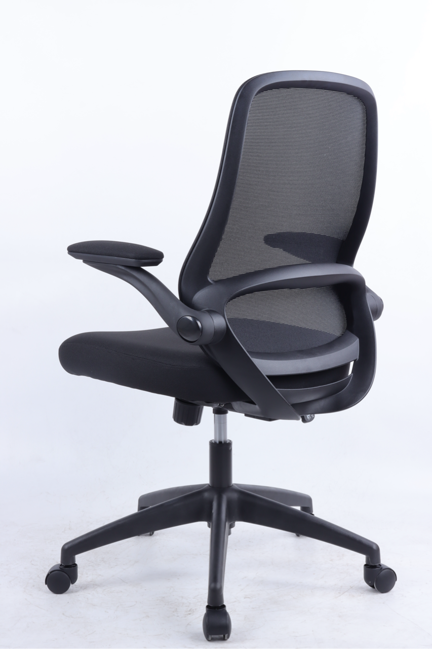 Black office chair with mesh backrest on a white background