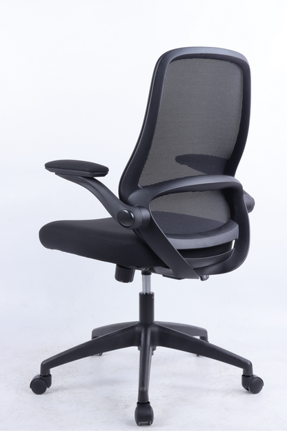 Black office chair with mesh backrest on a white background