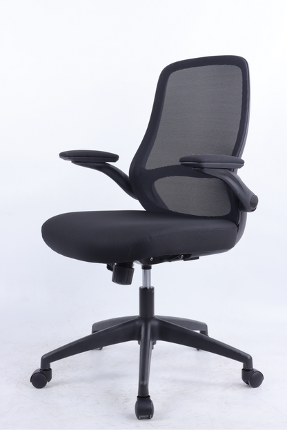 Black office chair with mesh backrest on a white background