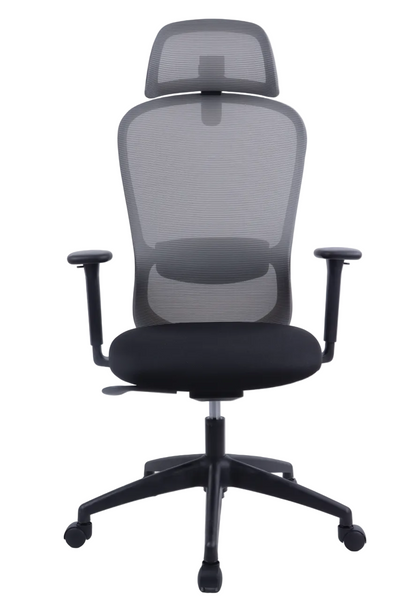 Black mesh office chair with headrest on a white background
