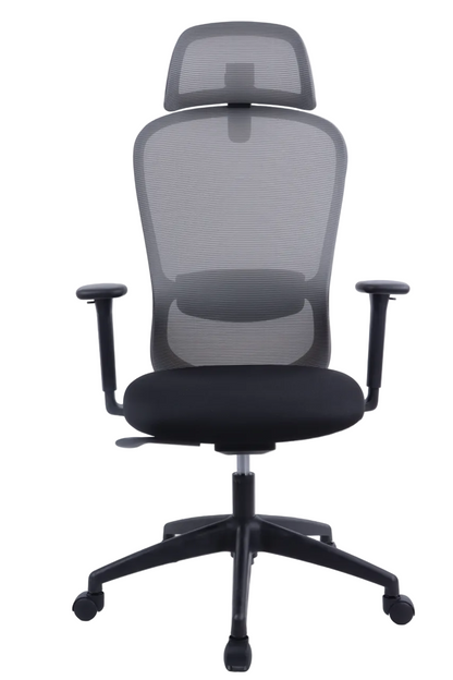 Black mesh office chair with headrest on a white background