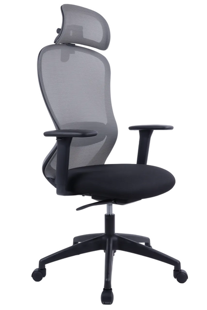 Black office chair with mesh backrest on a white background