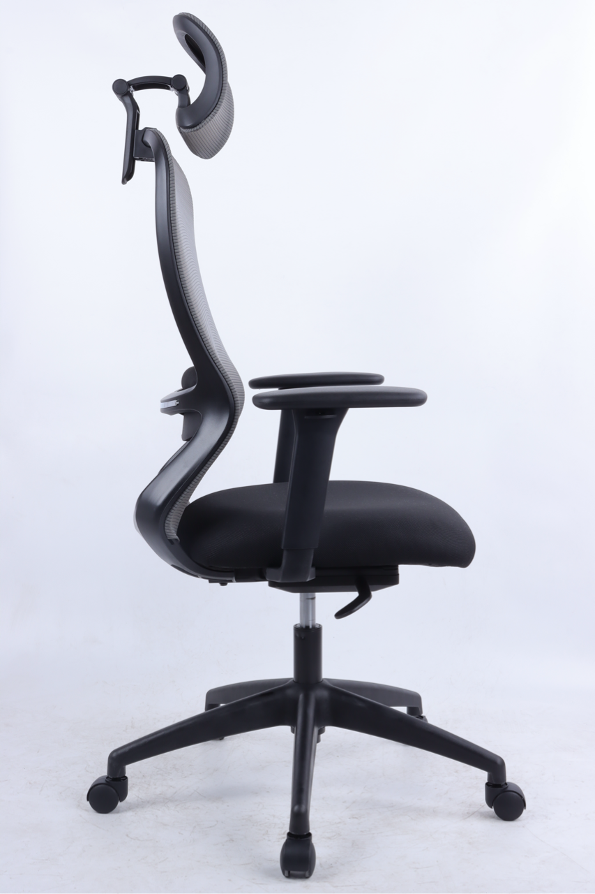 Black office chair with adjustable headrest on a white background