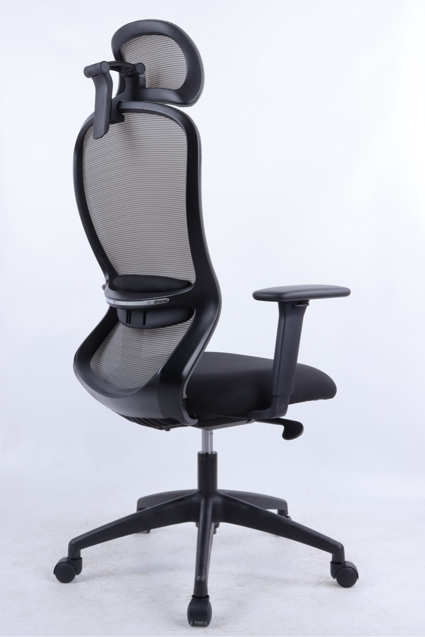 Black office chair with mesh backrest on a white background