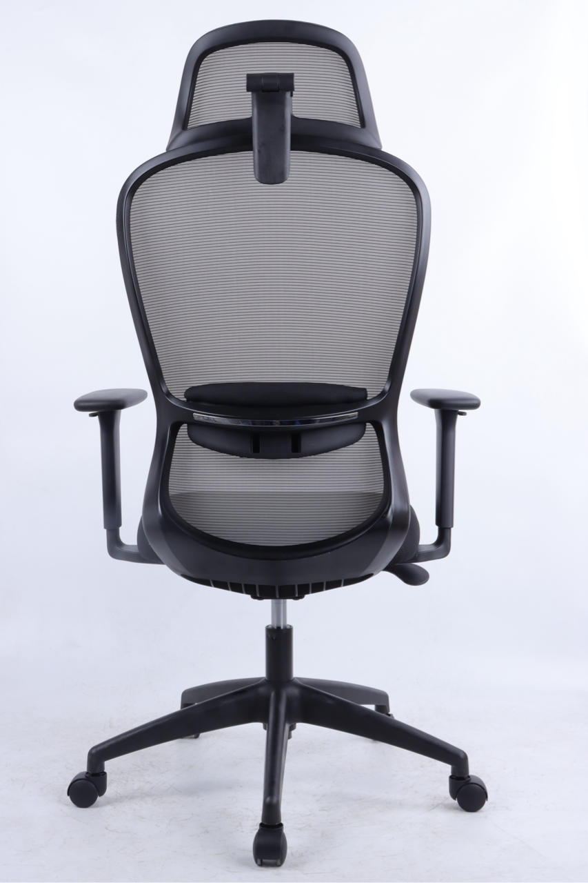 Black office chair with mesh back on a white background