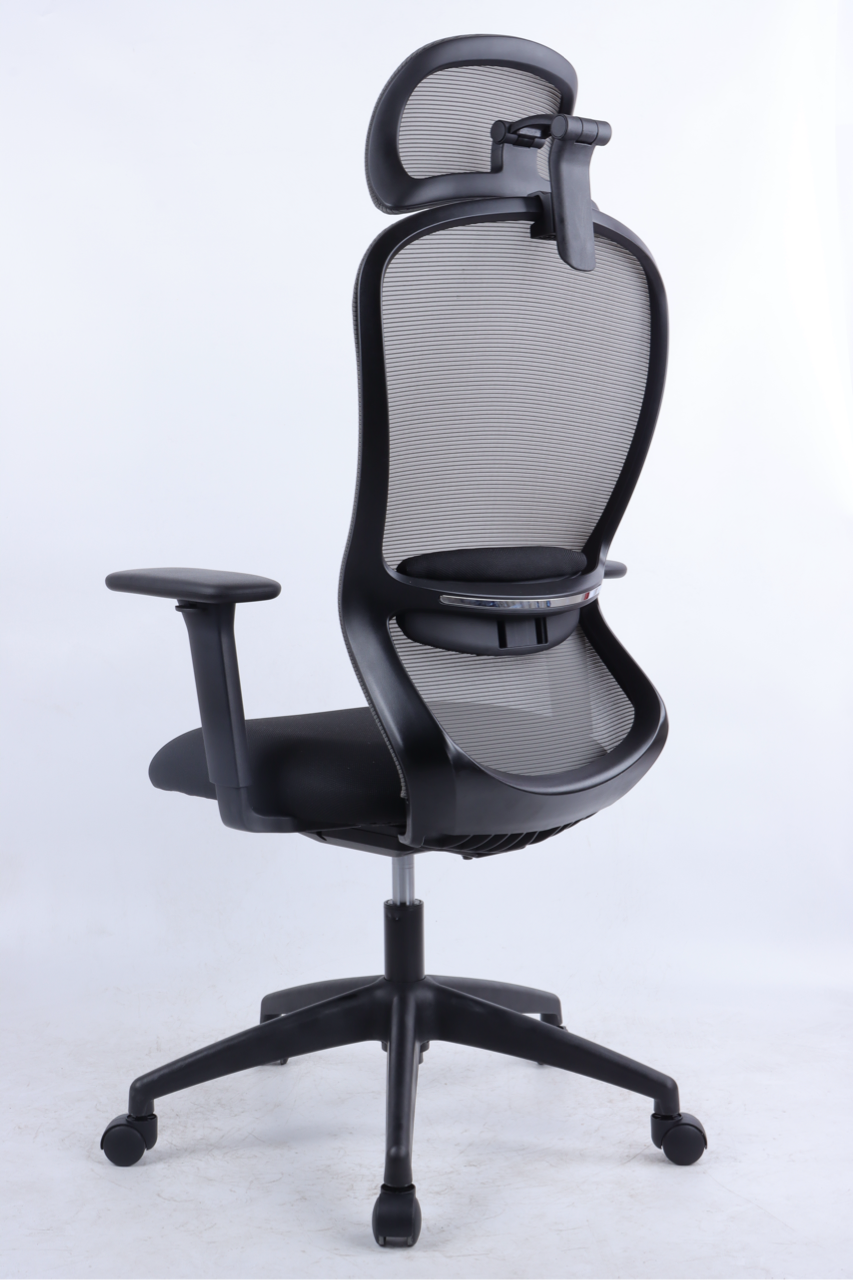 Black office chair with mesh back on a white background
