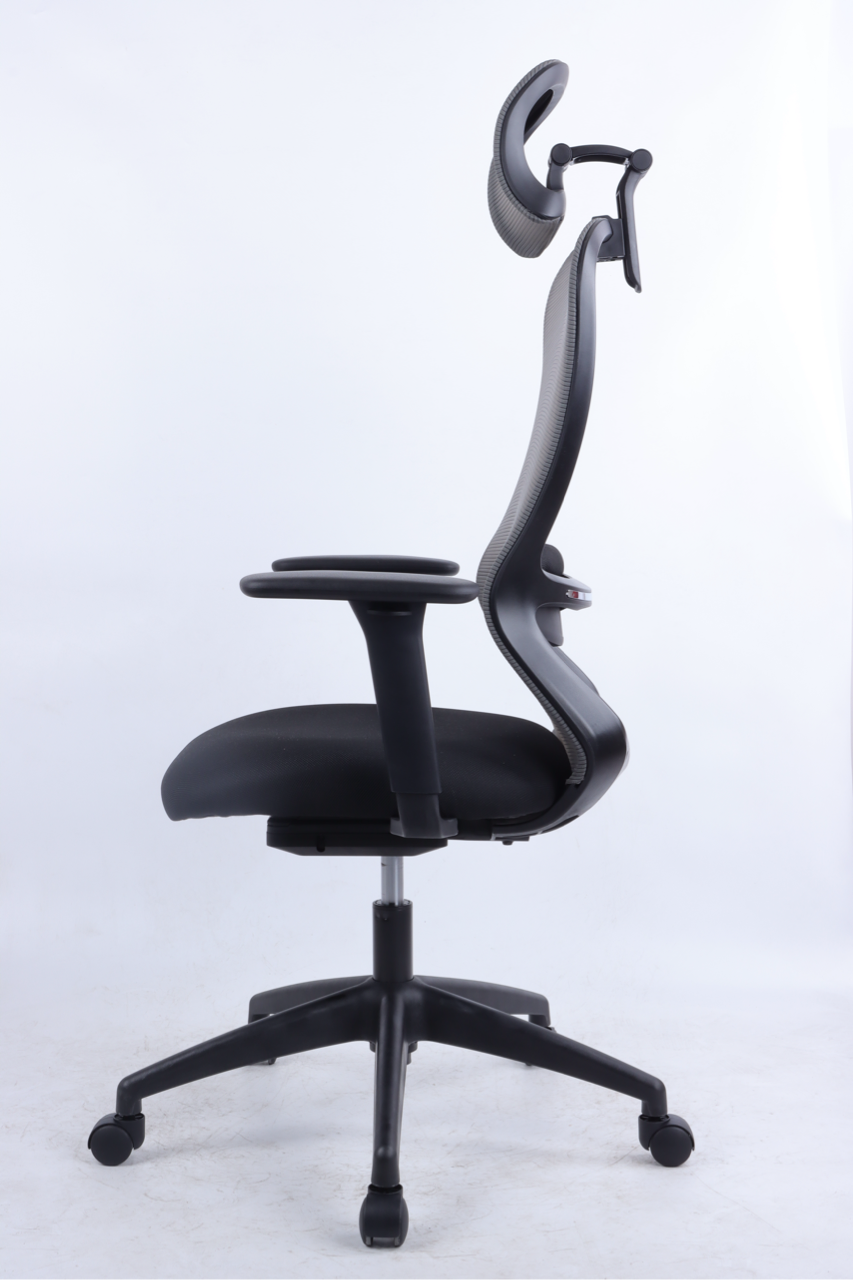 Black office chair with adjustable armrests on a white background