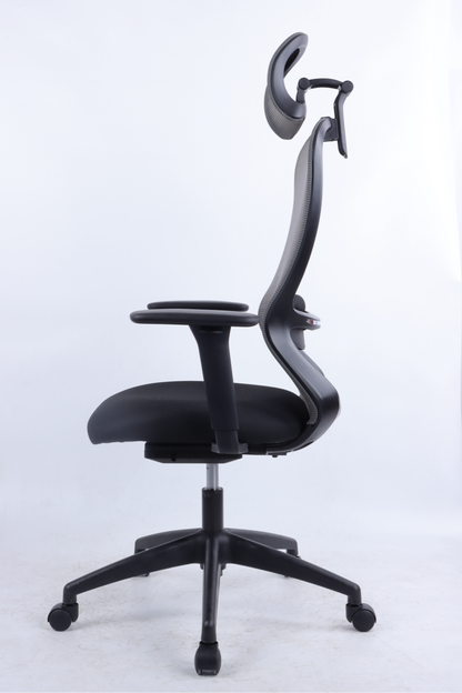 Black office chair with adjustable armrests on a white background