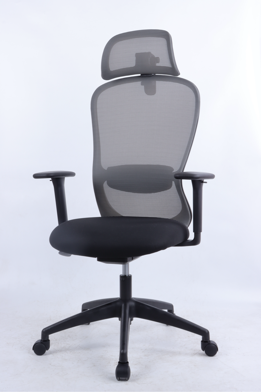 Black office chair with mesh back and headrest on a white background