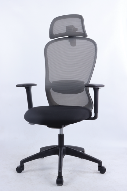 Black office chair with mesh back and headrest on a white background