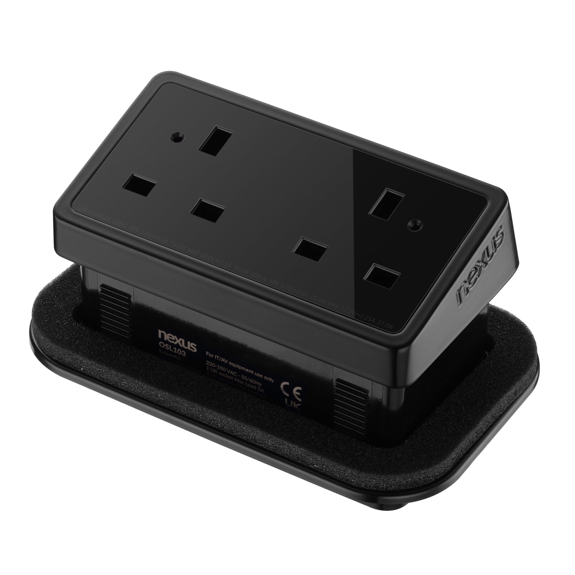 In-Desk Power Module x1 240V UK Socket and 30W USB-C, 27W USB-A|Black-Black